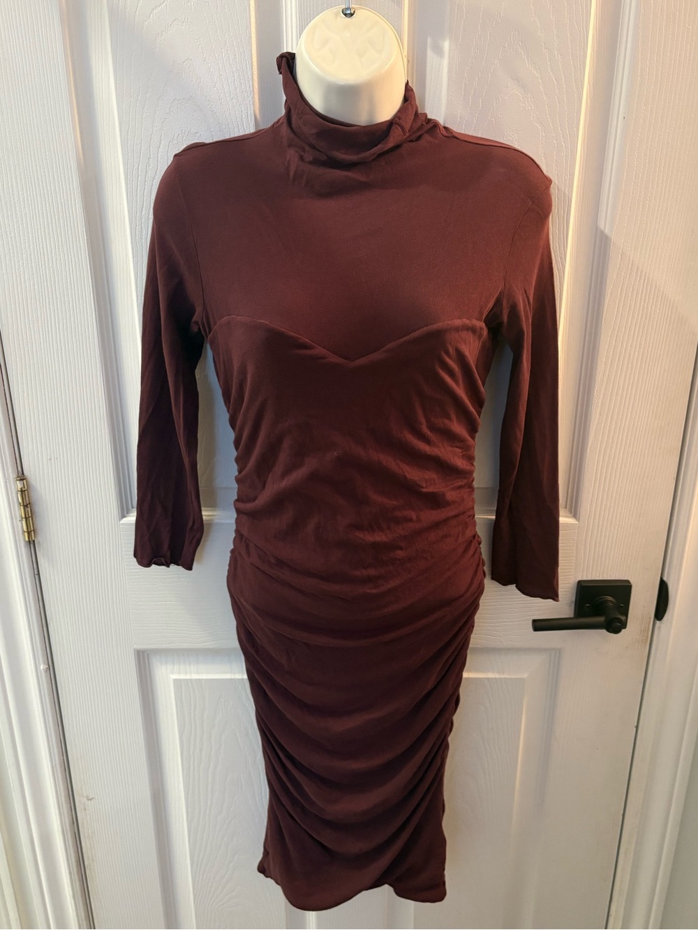 James Perse Burgundy Ruched Midi Turtleneck Dress